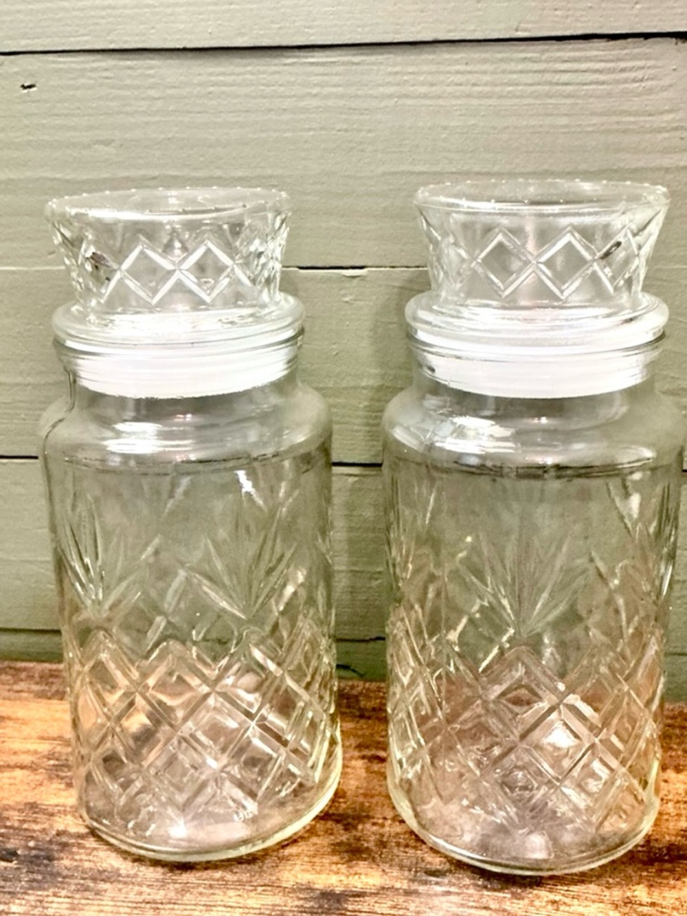 Vintage Planters Peanut Glass Jars Set of 2 Diamond Pattern 1983